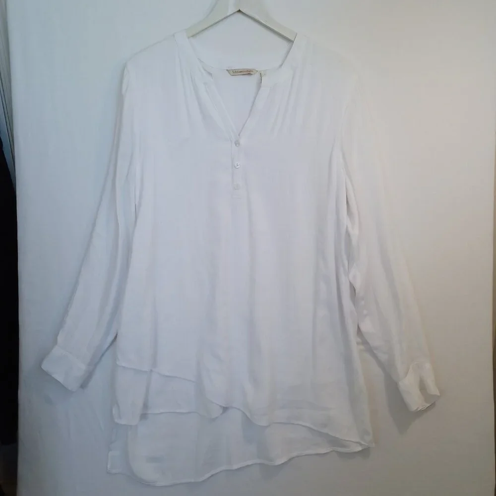 Soft Surroundings White Layered Hem Henley Tunic Blouse Long Sleeve Womens Large